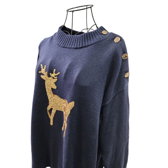 Talbots Knit Sweater Women Sz 1X Button Mock Neck Golden Sequin Deer Christmas - Picture 3 of 9